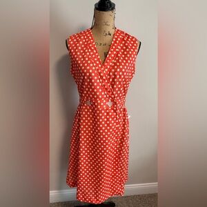 Vintage 70s Coral White Polka Dot Wrap Dress Sleeveless Belted Mid-Length Retro